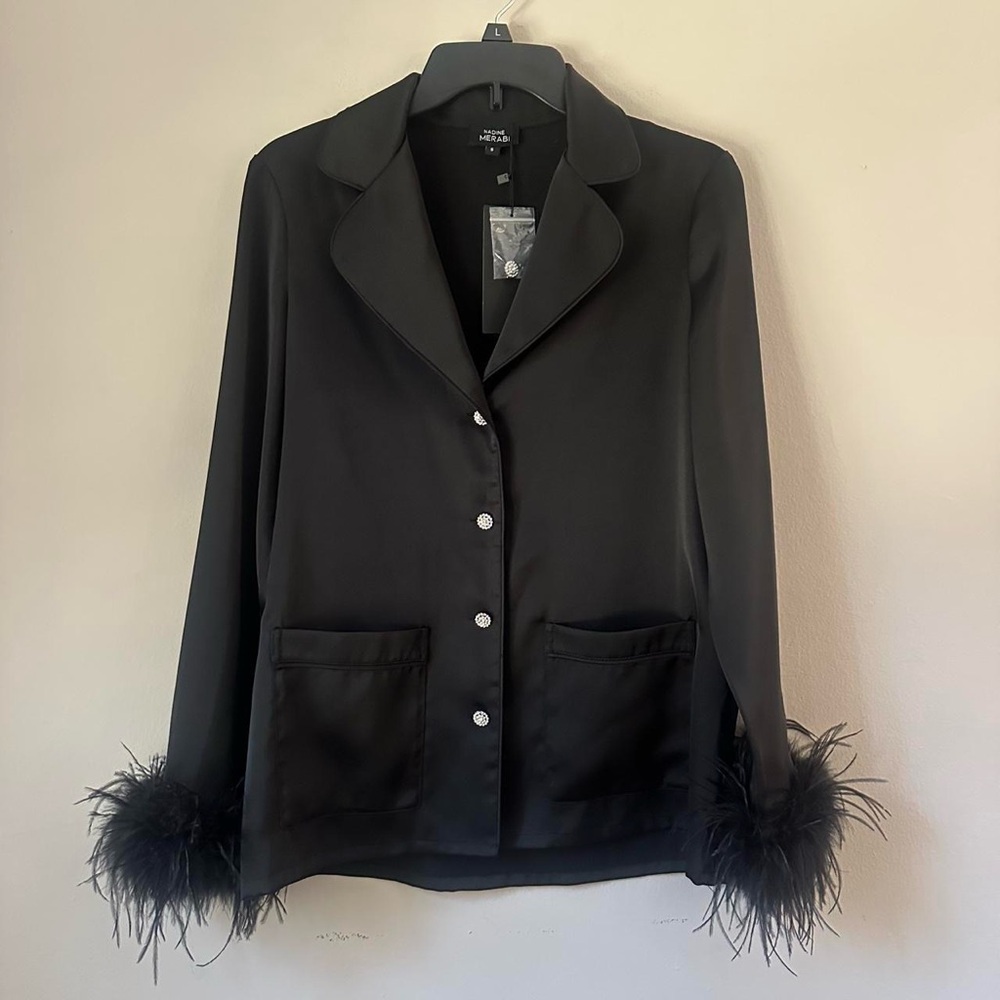 NADINE MERABI Black Feather Trim Blazer